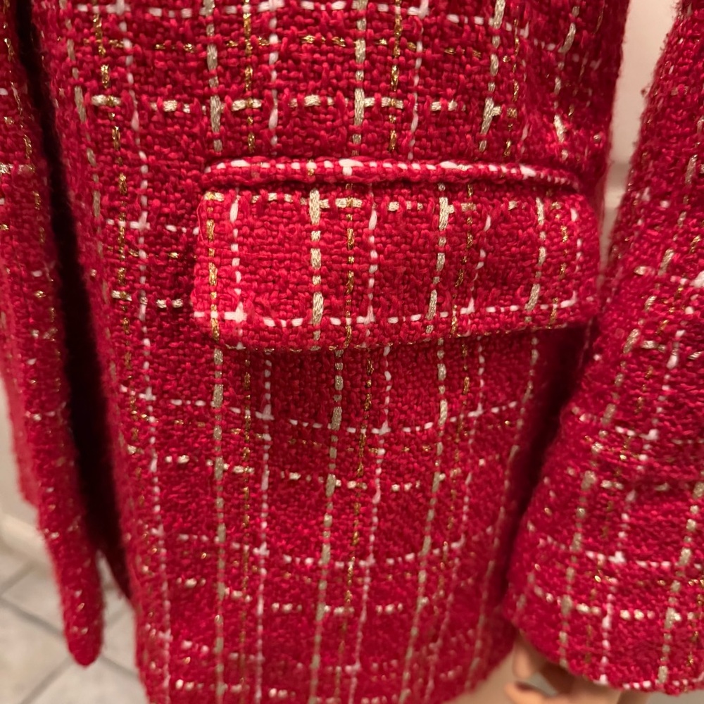 Red Tweed Plaid Double-Breasted Blazer Women’s Size L Old Money - Picture 7 of 16